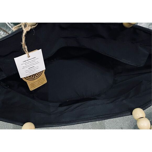 Checkered Beach Shop Tote Purse Bag with Beaded Handles Cream Black Checkered #1 - Picture 4 of 5